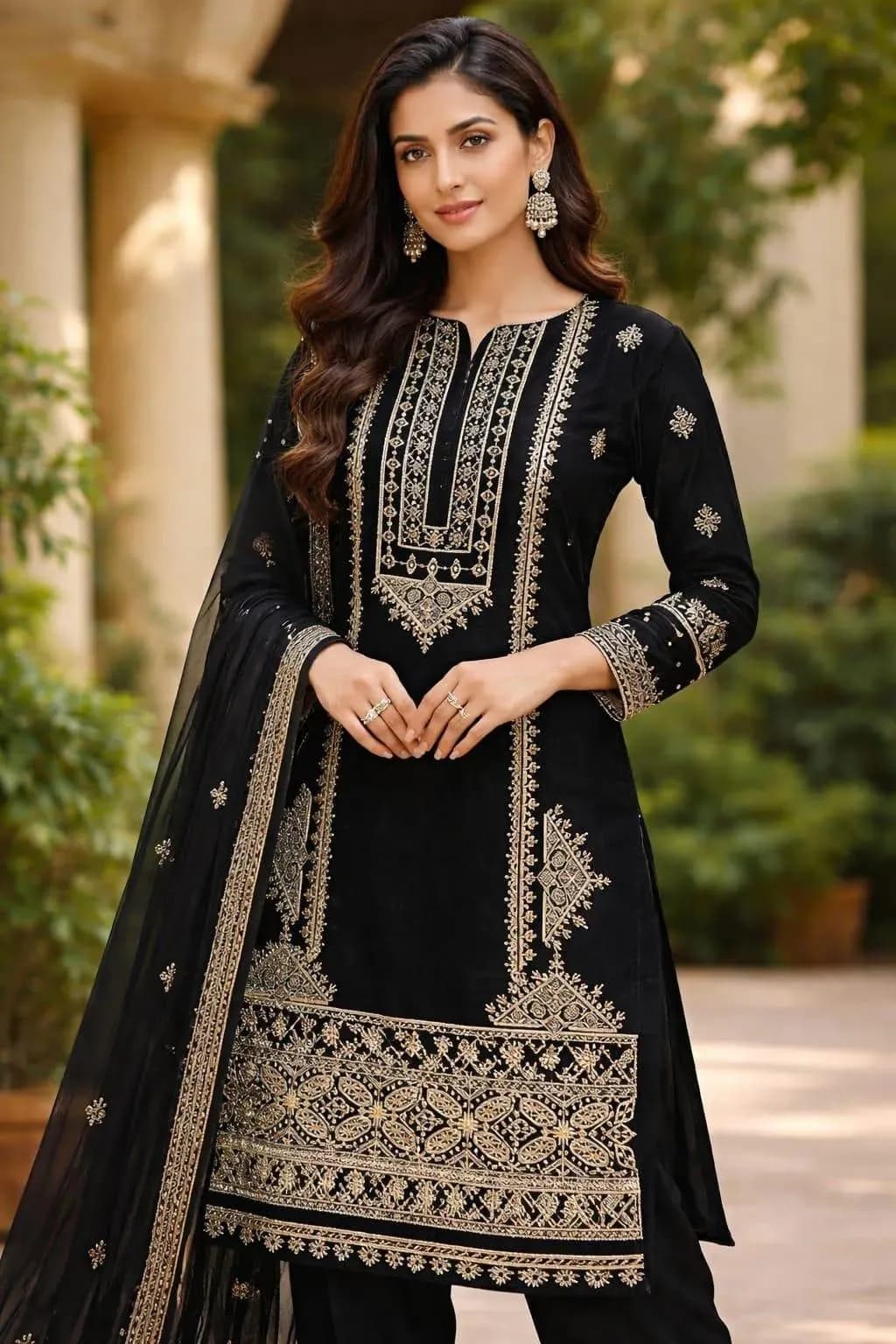 Black Embroidered Pakistani Women's Kurta Set with Dupatta